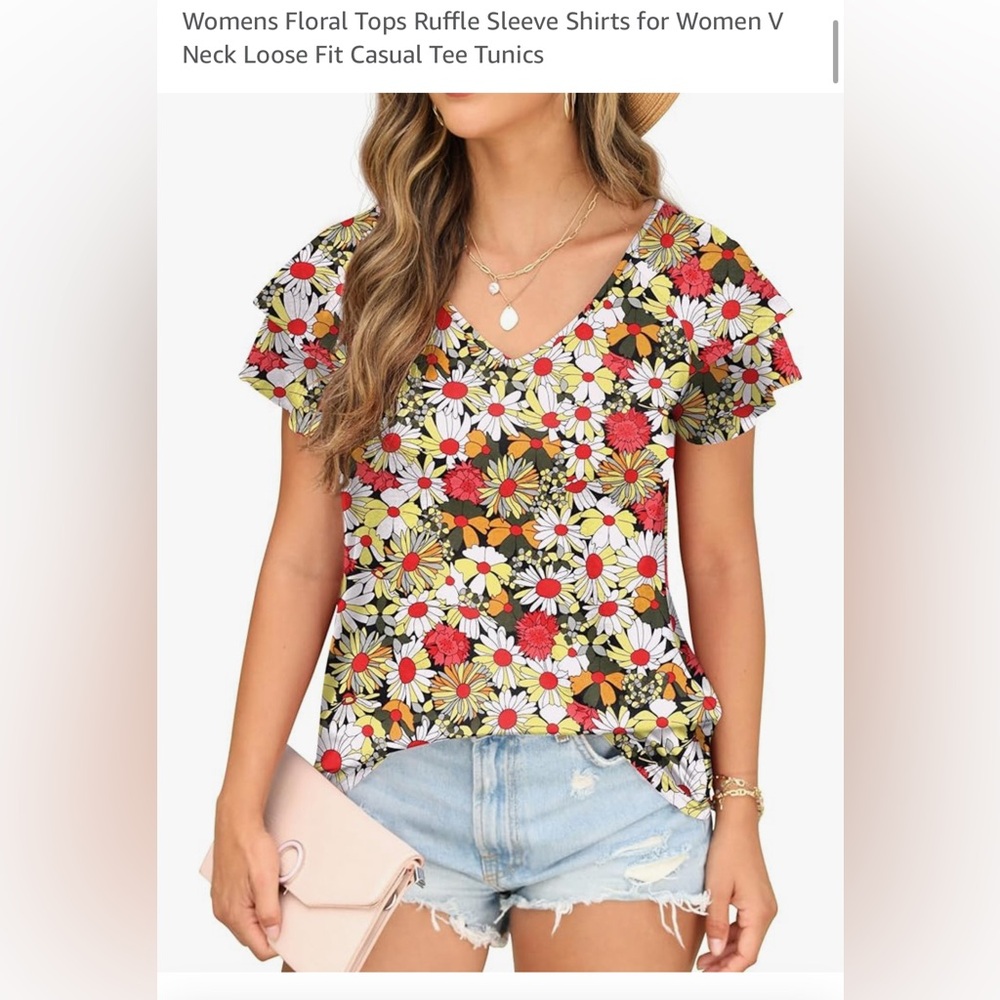 Womens Floral Tops Ruffle Sleeve Shirts for Women V Neck Loose Fit Casual Tee